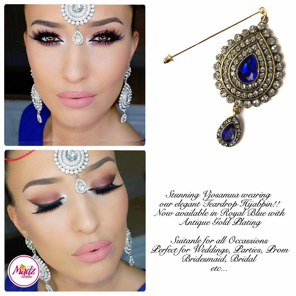 Antique Gold Hijab Pin , Hijab Accessory , Scarf Pin , Royal Blue Hijab Jewelry
