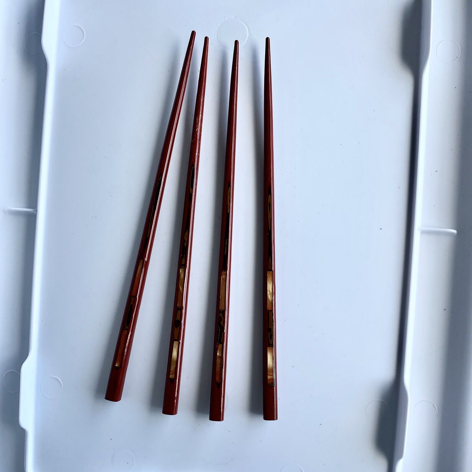 Vintage Red & Black Lacquer Eggshell Abalone Shell Inlay Chopsticks 2 Pair..150