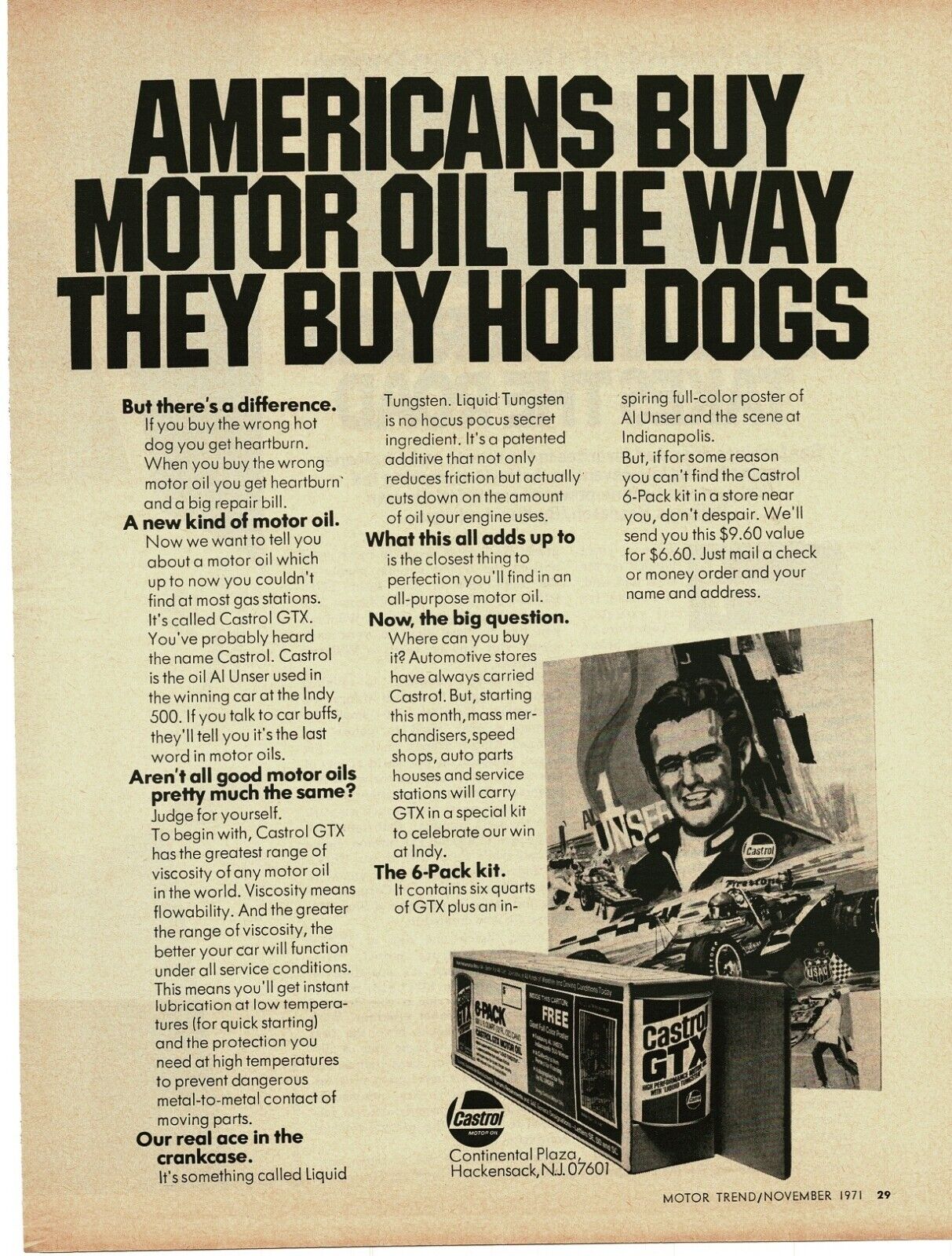 1971 Castrol Gtx Motor Oil Al Unser Vintage Print Ad