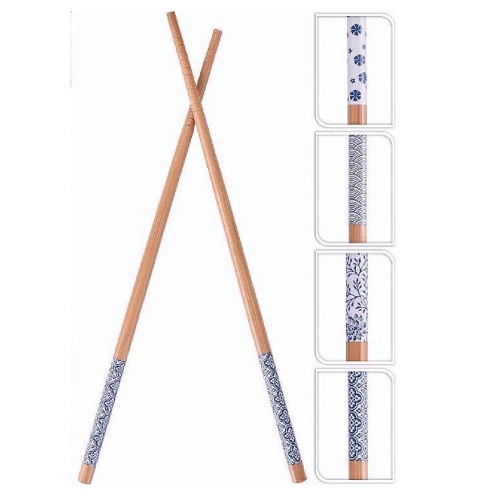 Blue And White Japanese Design Bamboo Chopsticks 4 Pairs