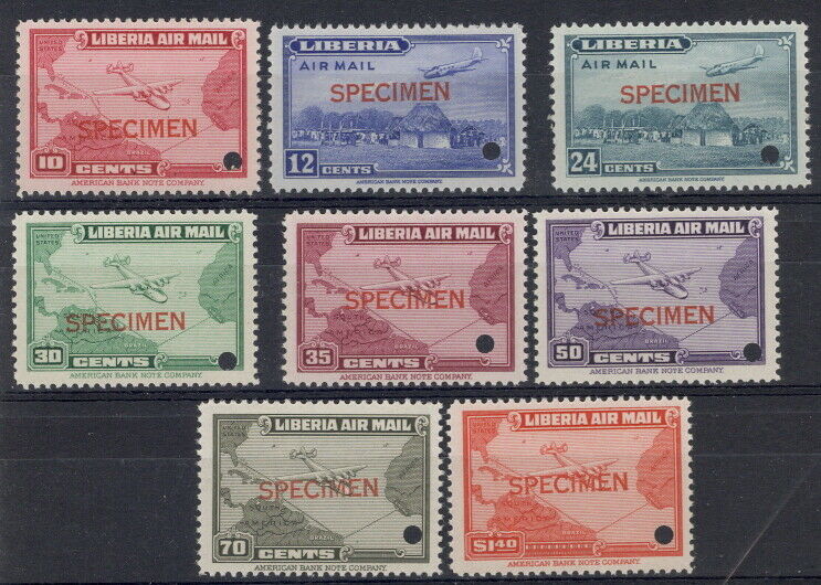 Liberia 1942-4, Plane And Map Set Of 8, Specimen, American Banknote Co. #c37-44