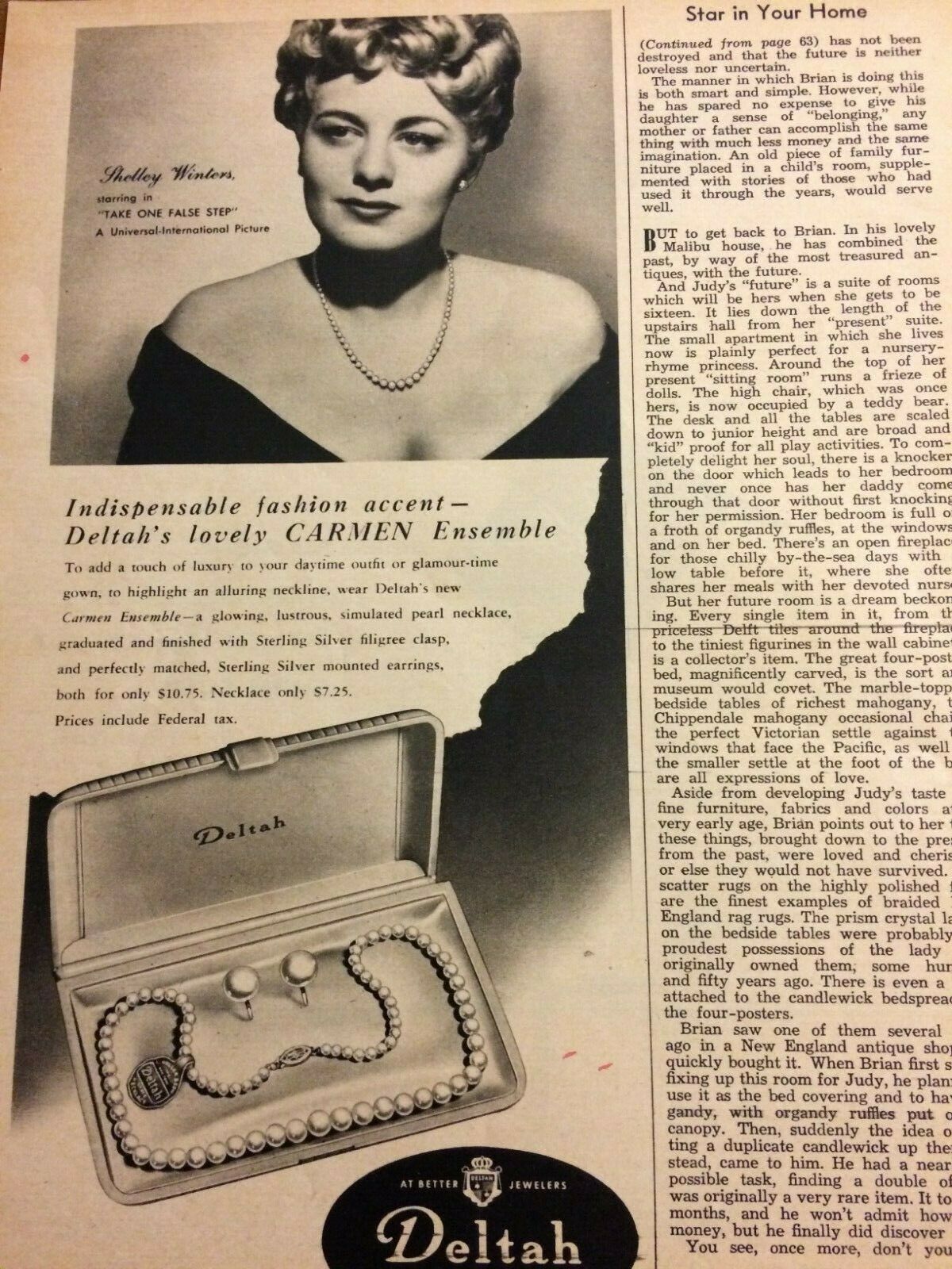 Shelley Winters, Deltah Pearls, Vintage Print Ad