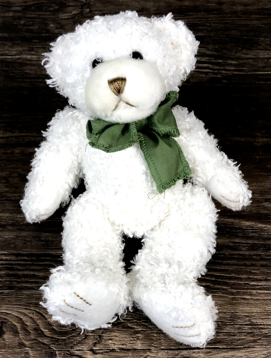 First & Main 9" White Teddy Bear With Green Bow Marked Lil' Scraggles #1863