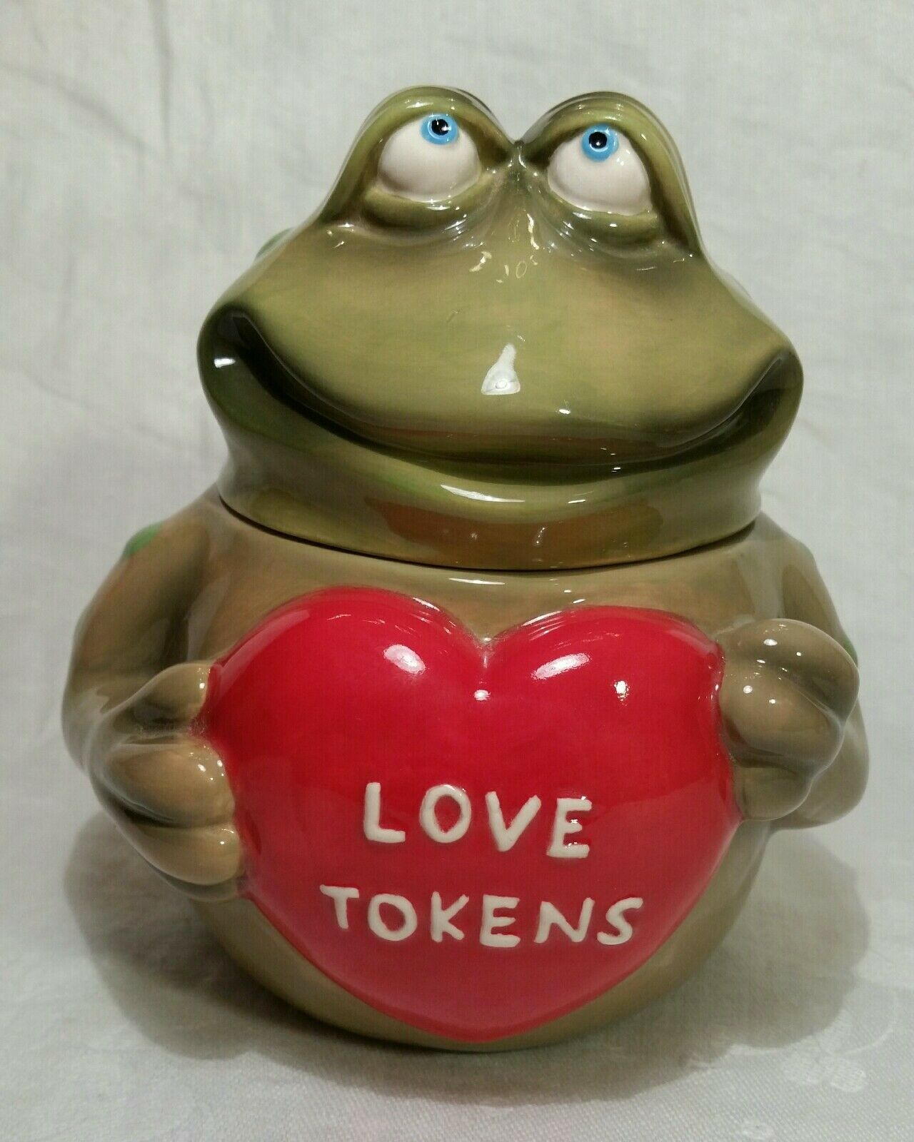 Green Frog Holding Red Love Tokens Heart, Ceramic Canister Jar 5", By Russ