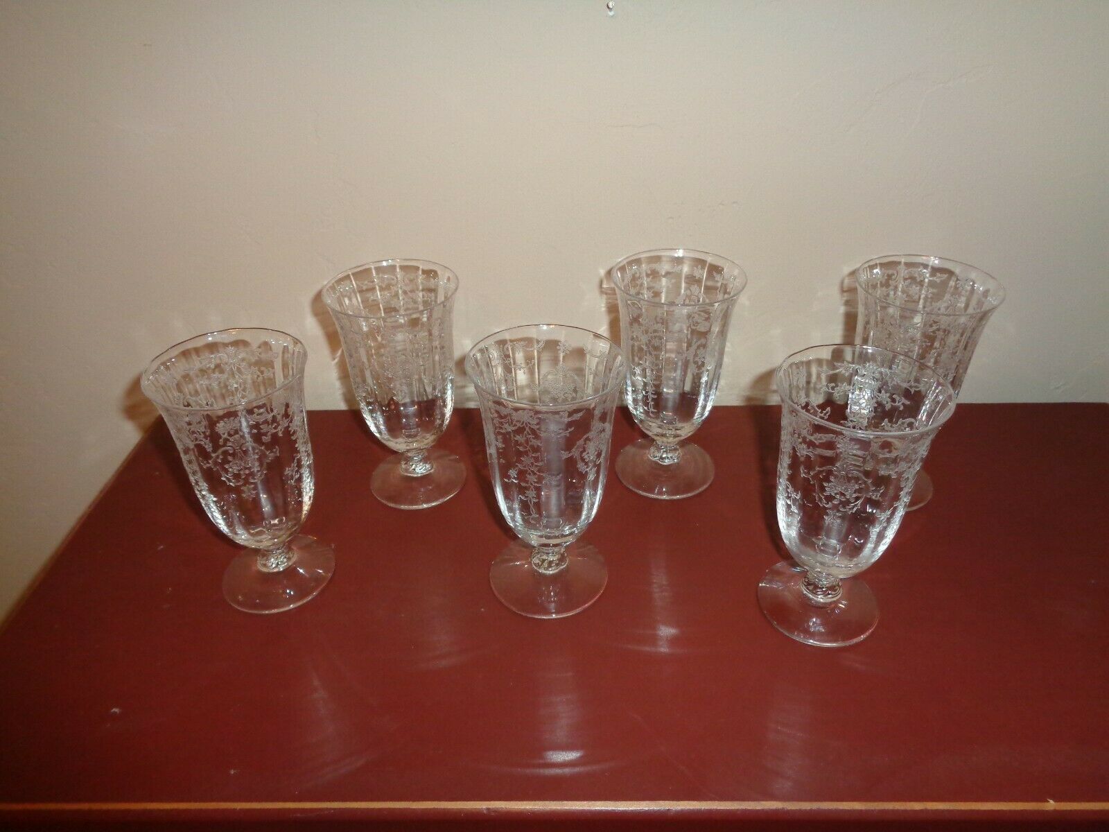 1930's Fostoria Navarre Clear Crystal Etched Floral Juice Glasses 4 3/4" (6)