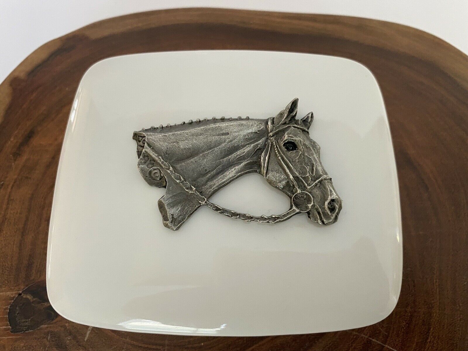Vintage White Porcelain Trinket Jewelry Box Pewter Horse Head Appliqué Lidded