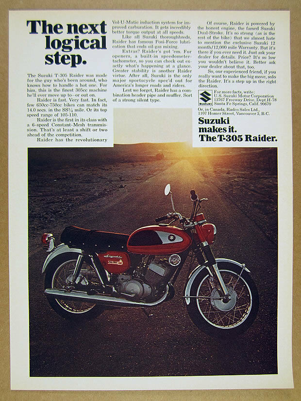 1968 Suzuki T-305 Raider Motorcycle Color Photo Vintage Print Ad