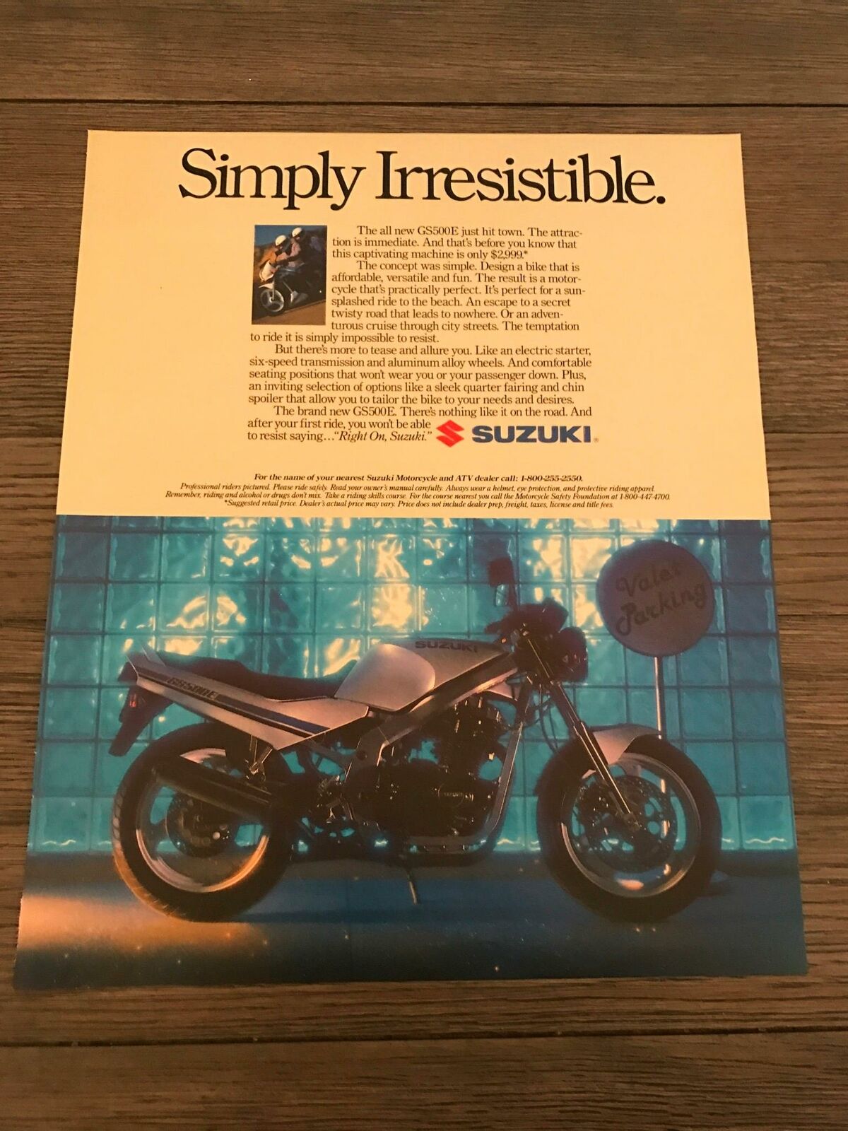 1989 Vintage 10x12 Print Ad For Suzuki Gs500e Motorcycle Simply Irresistible