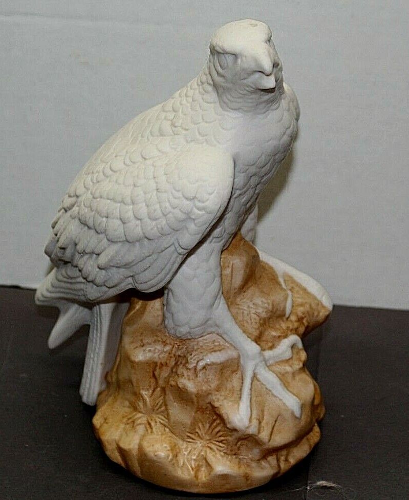Large Falcon Hawk ? Bird Statue Figure White + Tan Base - 8 1/2" Tall